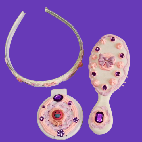Ensemble brosse, serre-tête et miroir décoration artisanale en colle-crème, rose