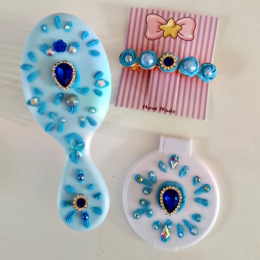 Ensemble brosse, barrette et miroir, décoration artisanale en colle-crème, bleu