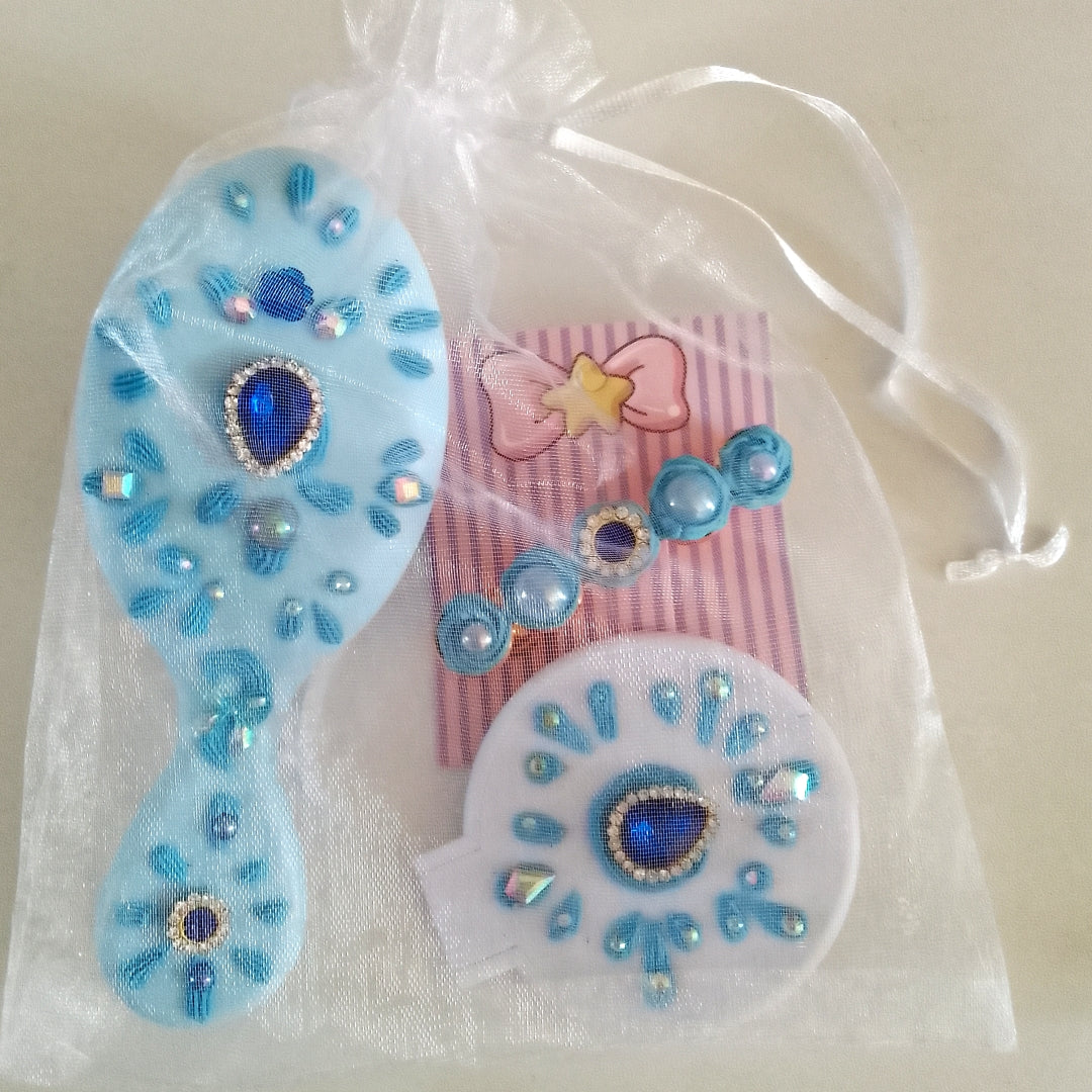 Ensemble brosse, barrette et miroir, décoration artisanale en colle-crème, bleu