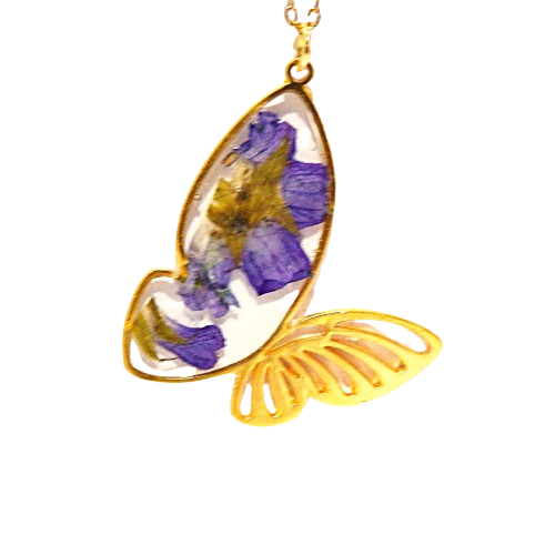 Tout en transparence, collier artisanal doré, en résine et fleurs naturelles, divers modèles