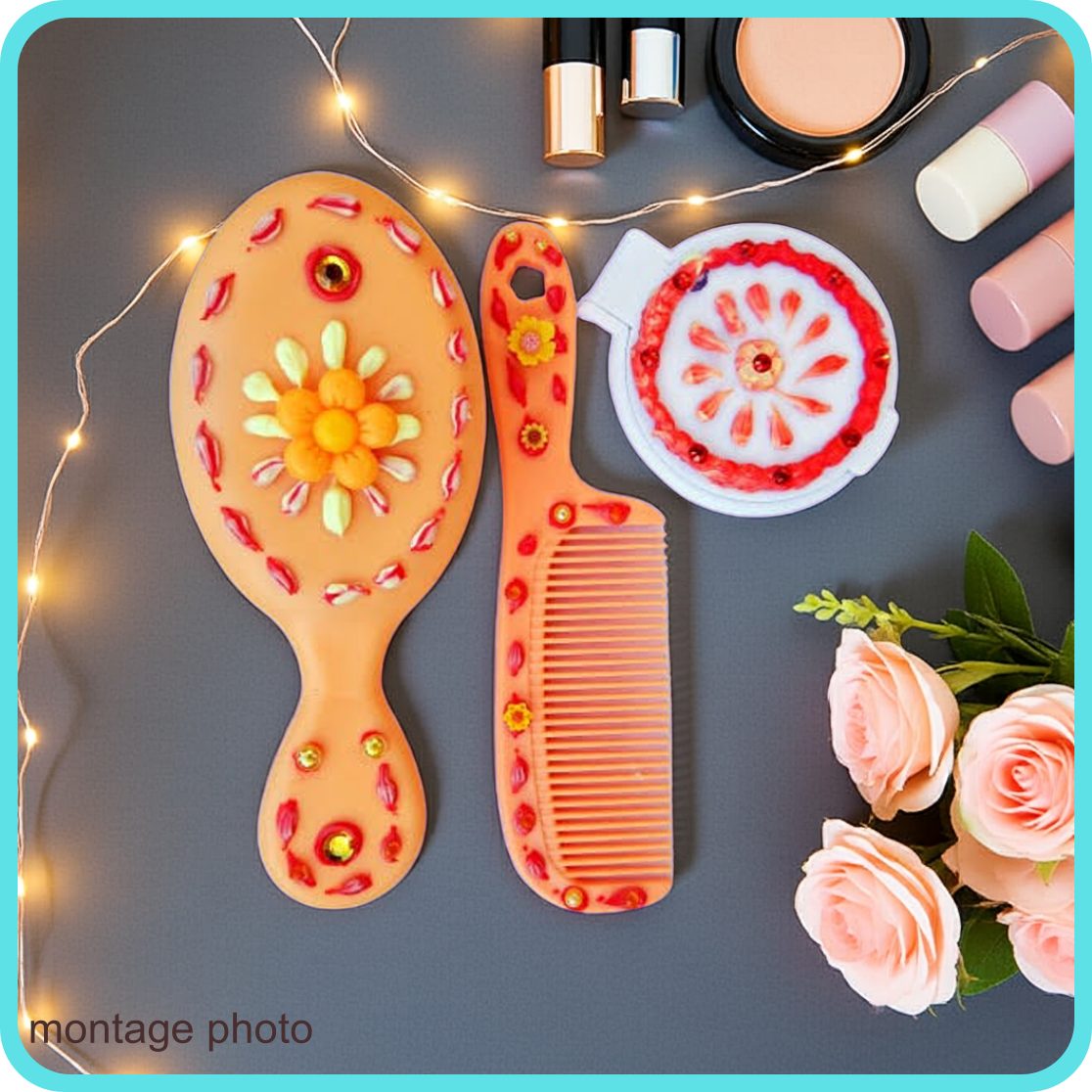 Ensemble brosse, peigne et miroir décoration artisanale en colle-crème, orange