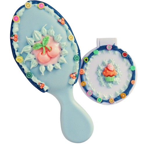 Ensemble brosse et miroir décoration artisanale en colle-crème, pièce unique, bleu