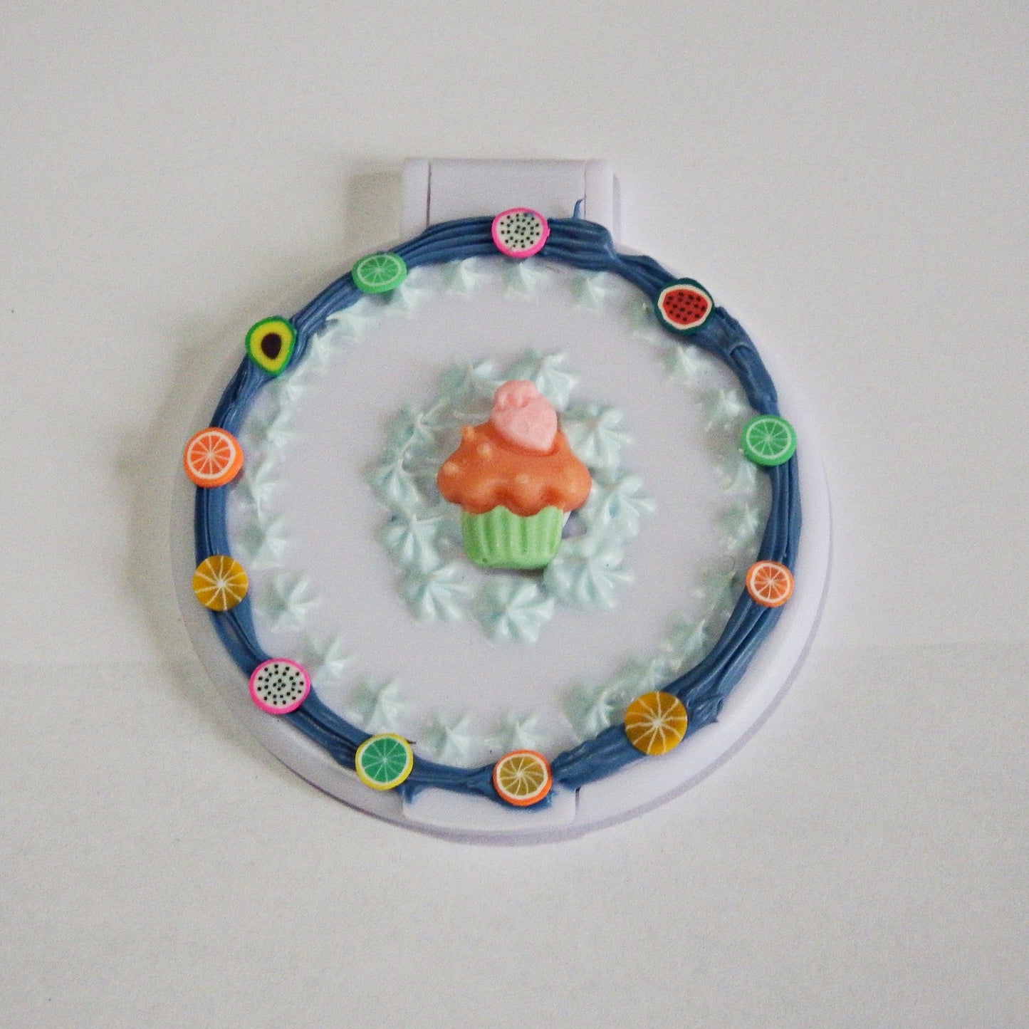 Ensemble brosse et miroir décoration artisanale en colle-crème, pièce unique, bleu