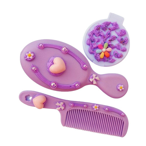 Ensemble brosse, peigne et miroir décoration artisanale en colle-crème, mauve