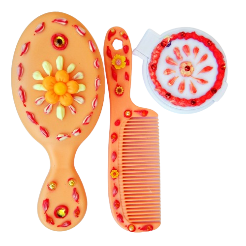 Ensemble brosse, peigne et miroir décoration artisanale en colle-crème, orange