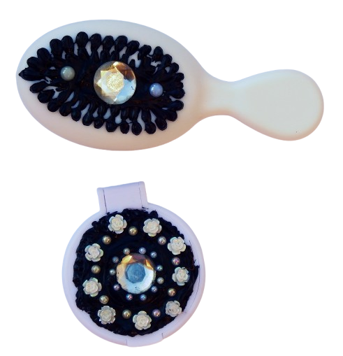 Ensemble brosse et miroir décoration artisanale en colle-crème, pièce unique, noir/blanc