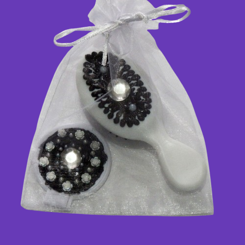 Ensemble brosse et miroir décoration artisanale en colle-crème, pièce unique, noir/blanc