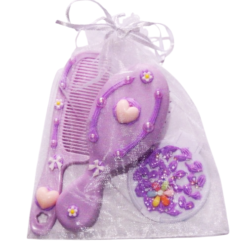 Ensemble brosse, peigne et miroir décoration artisanale en colle-crème, mauve