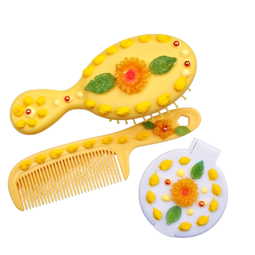 Ensemble brosse, peigne et miroir décoration artisanale en colle-crème, jaune