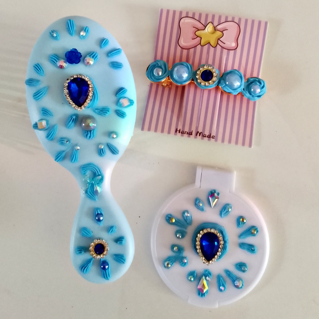 Ensemble brosse, barrette et miroir, décoration artisanale en colle-crème, bleu