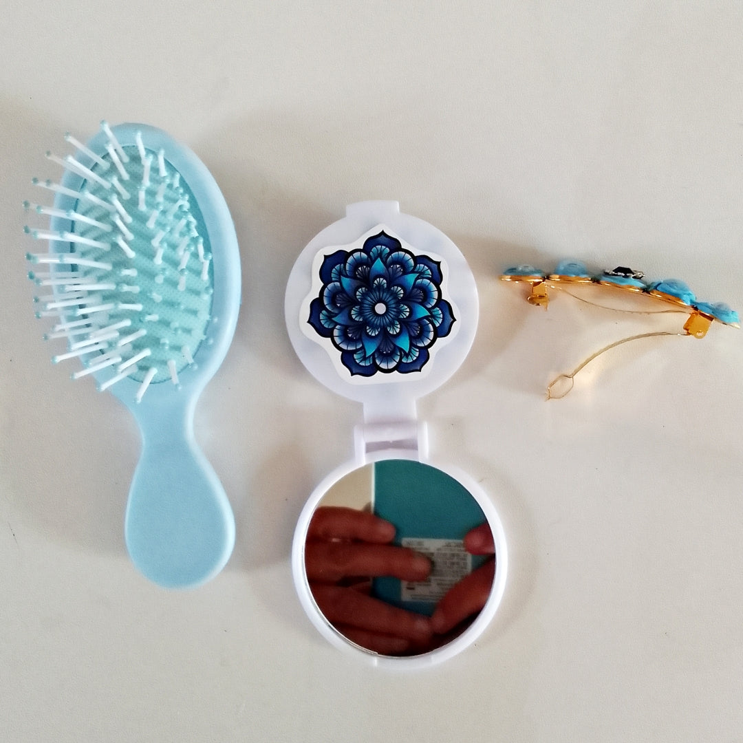 Ensemble brosse, barrette et miroir, décoration artisanale en colle-crème, bleu