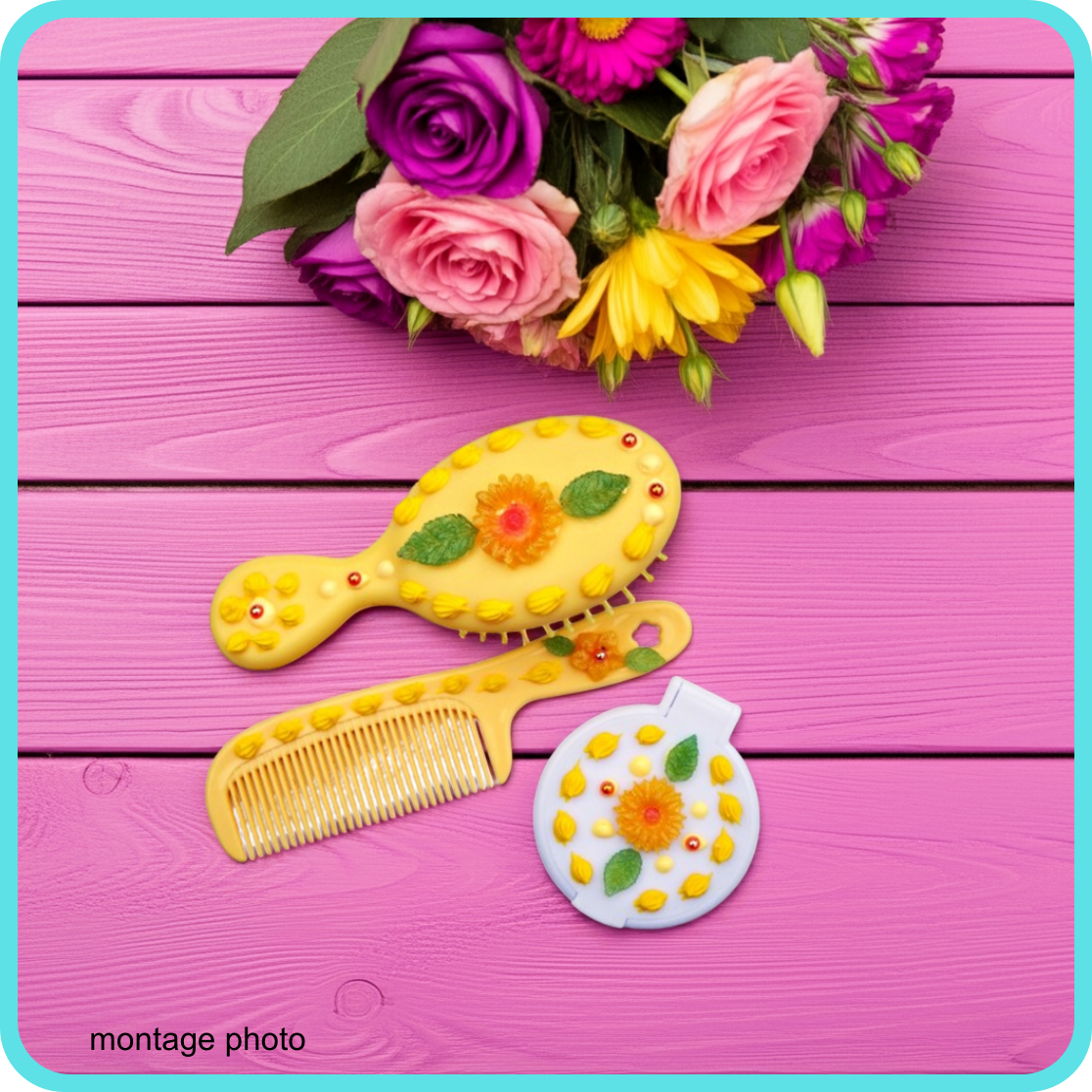 Ensemble brosse, peigne et miroir décoration artisanale en colle-crème, jaune