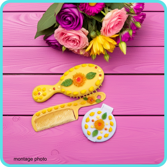Ensemble brosse, peigne et miroir décoration artisanale en colle-crème, jaune