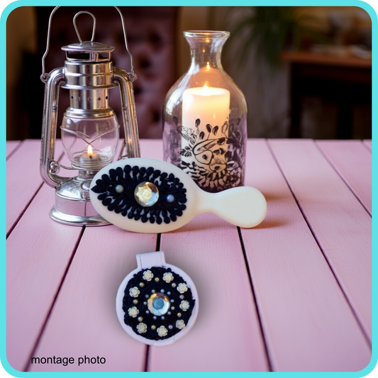 Ensemble brosse et miroir décoration artisanale en colle-crème, pièce unique, noir/blanc