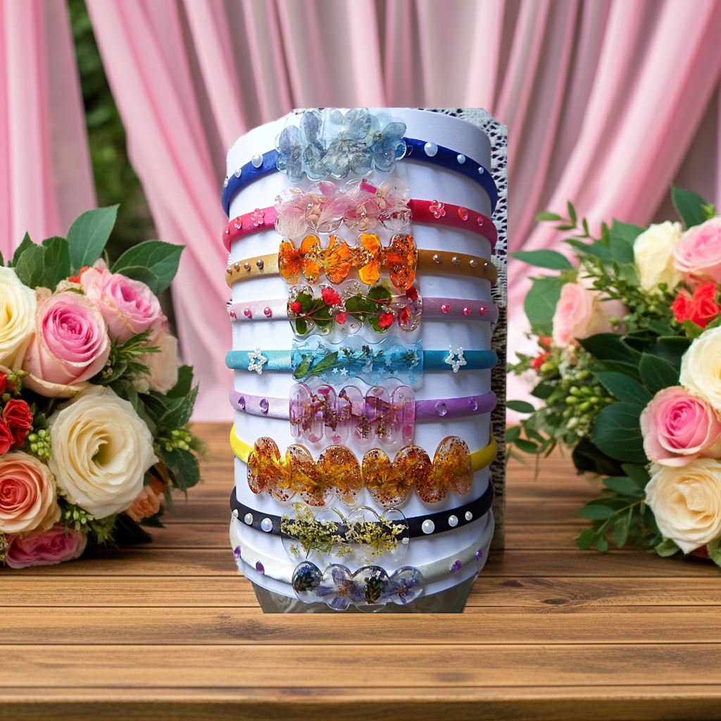 Serre-tête en satin et décoration artisanale en résine -divers modèles