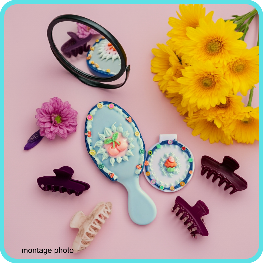 Ensemble brosse et miroir décoration artisanale en colle-crème, pièce unique, bleu