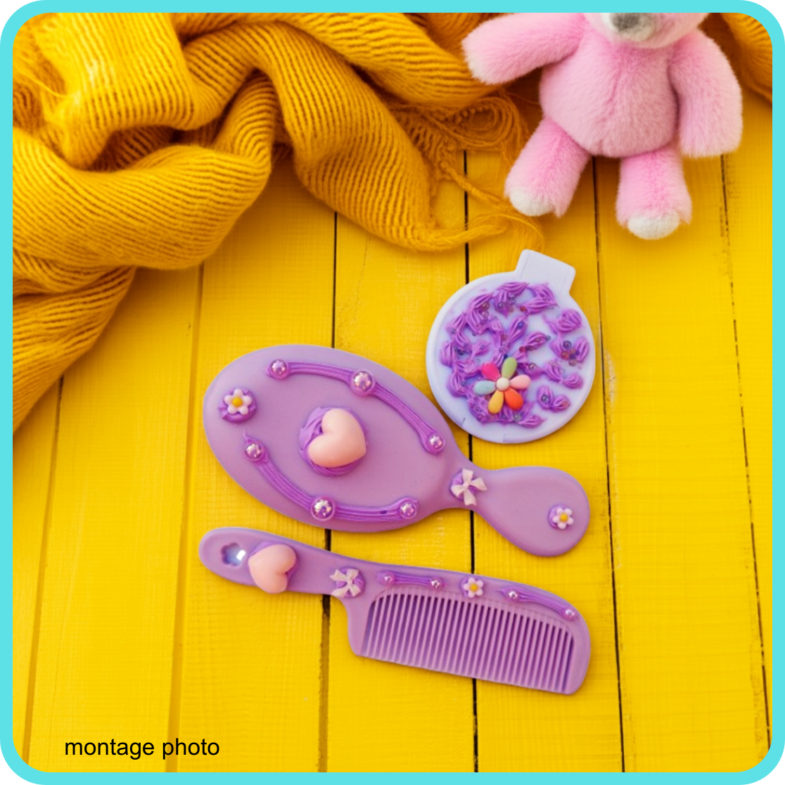 Ensemble brosse, peigne et miroir décoration artisanale en colle-crème, mauve
