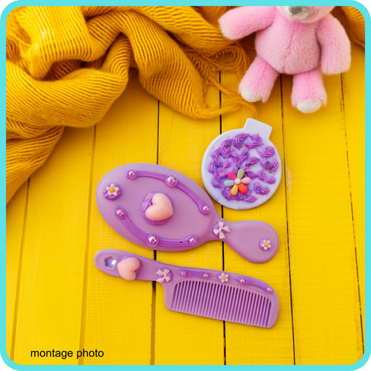 Ensemble brosse, peigne et miroir décoration artisanale en colle-crème, mauve