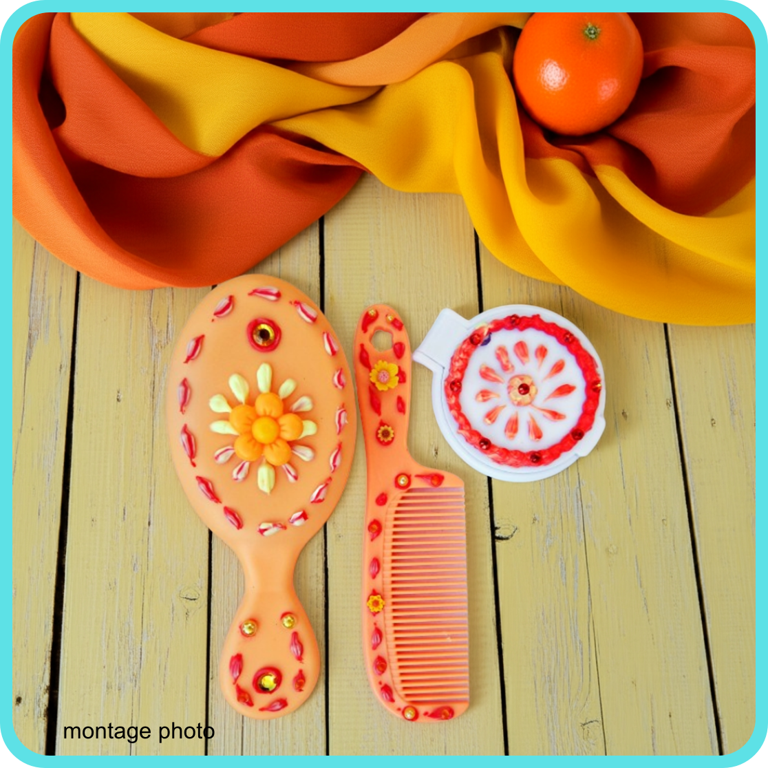 Ensemble brosse, peigne et miroir décoration artisanale en colle-crème, orange