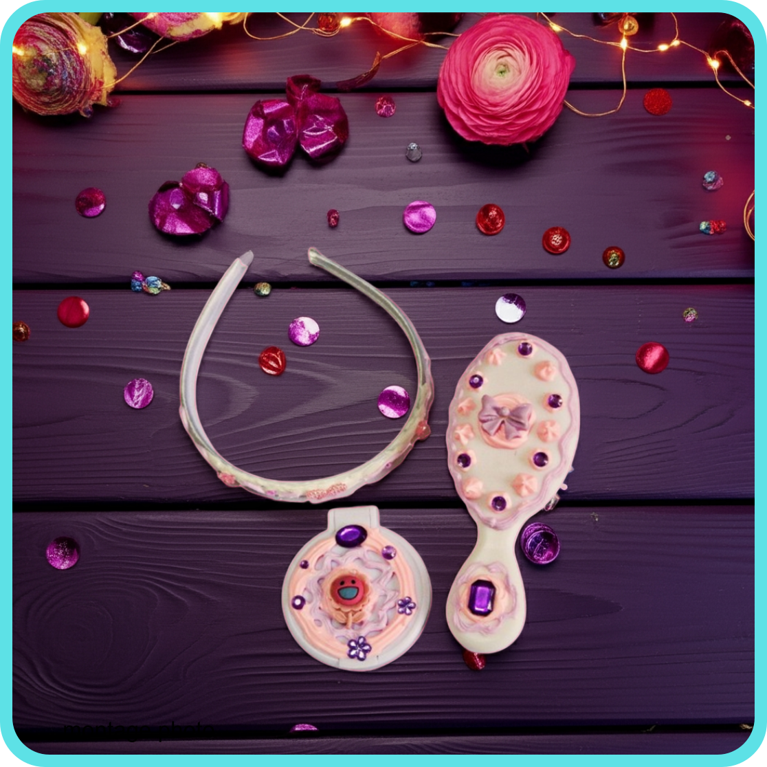 Ensemble brosse, serre-tête et miroir décoration artisanale en colle-crème, rose