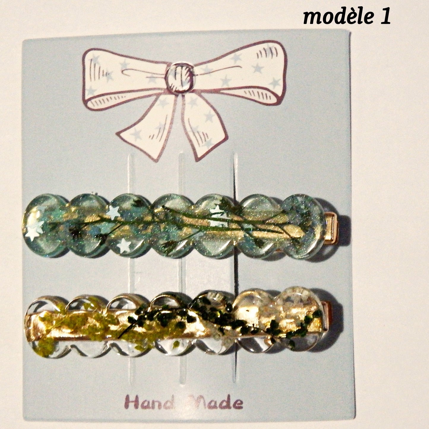 Pinces à cheveux dorées, décorations artisanales en colle-crème ou résine, plusieurs modèles