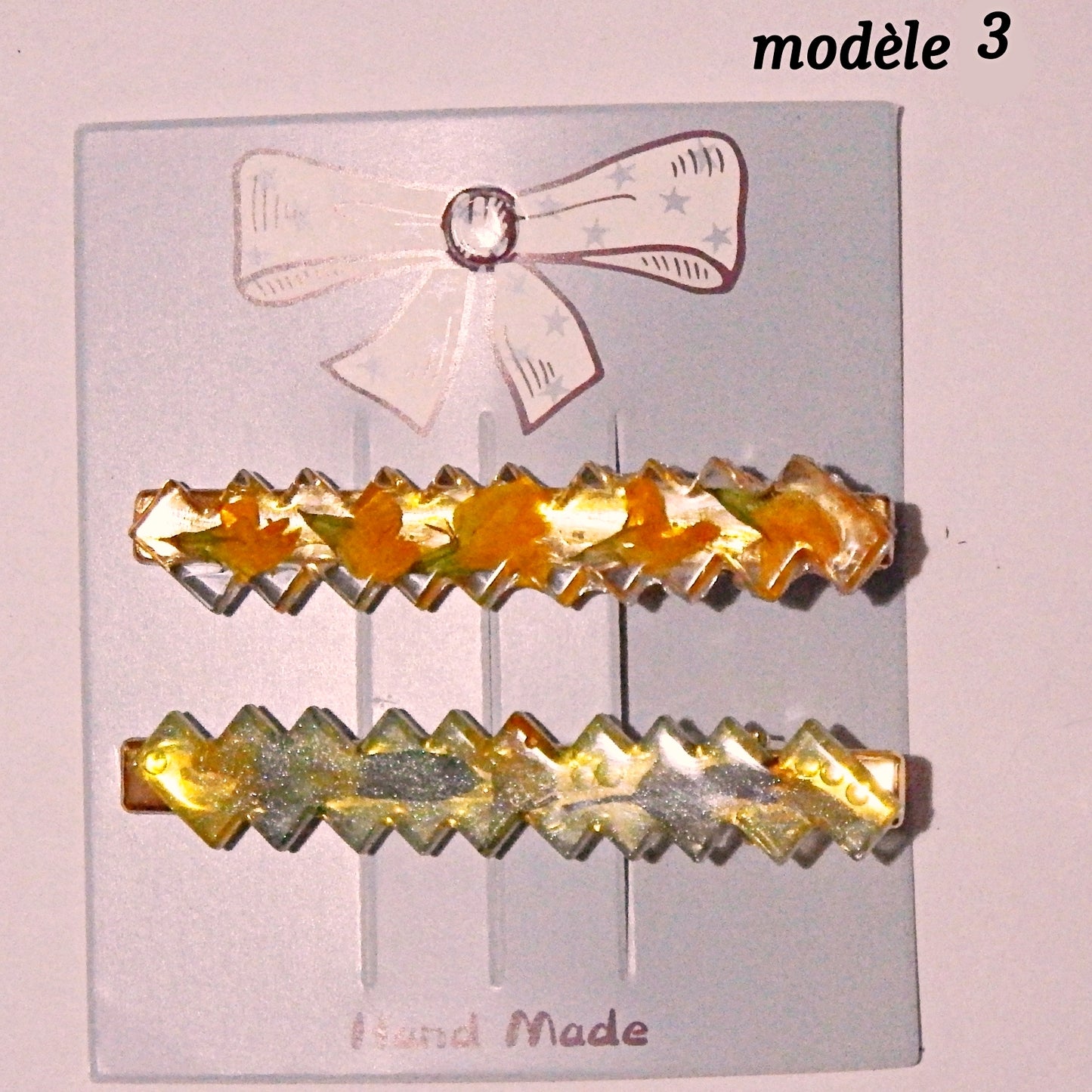 Pinces à cheveux dorées, décorations artisanales en colle-crème ou résine, plusieurs modèles