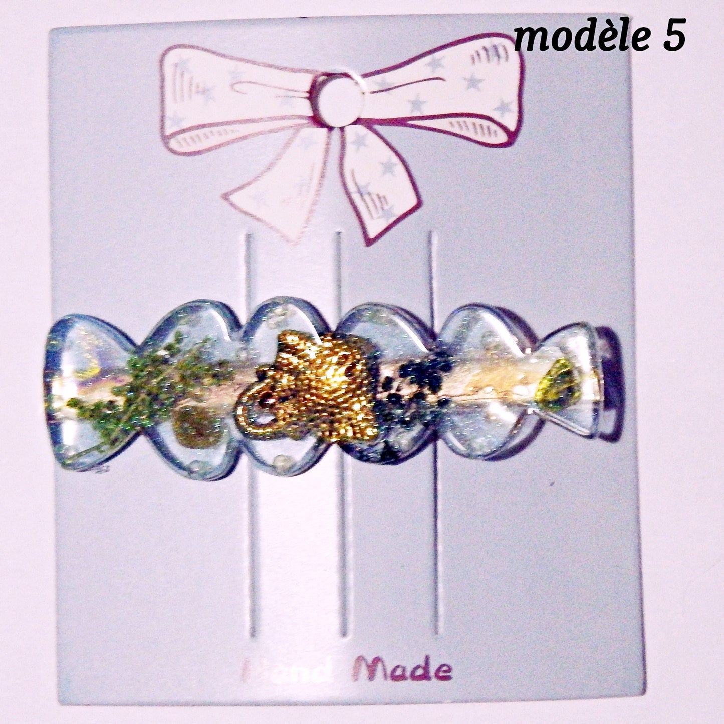 Pinces à cheveux dorées, décorations artisanales en colle-crème ou résine, plusieurs modèles