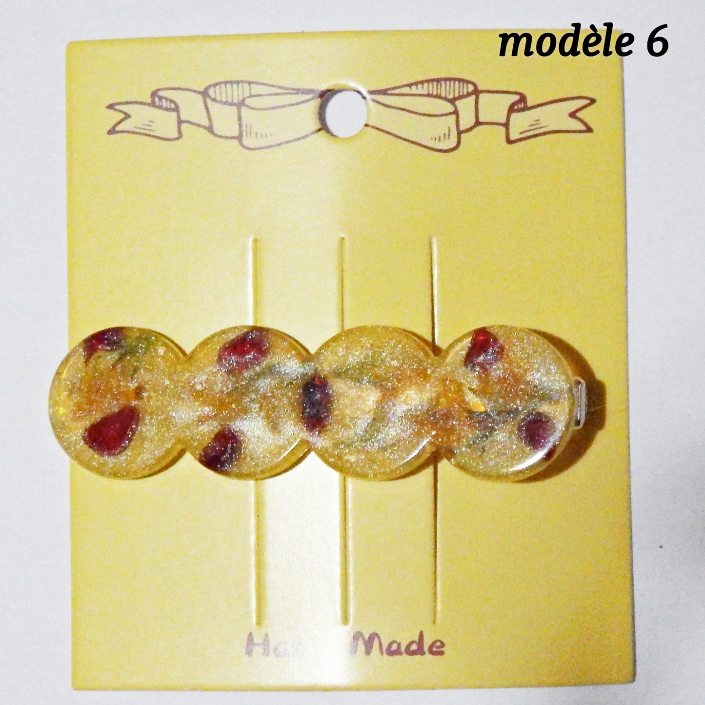 Pinces à cheveux dorées, décorations artisanales en colle-crème ou résine, plusieurs modèles