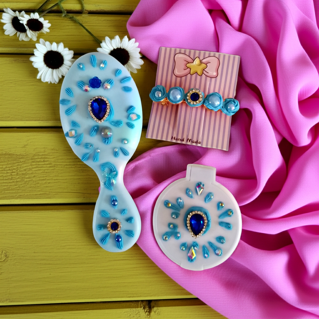 Ensemble brosse, barrette et miroir, décoration artisanale en colle-crème, bleu